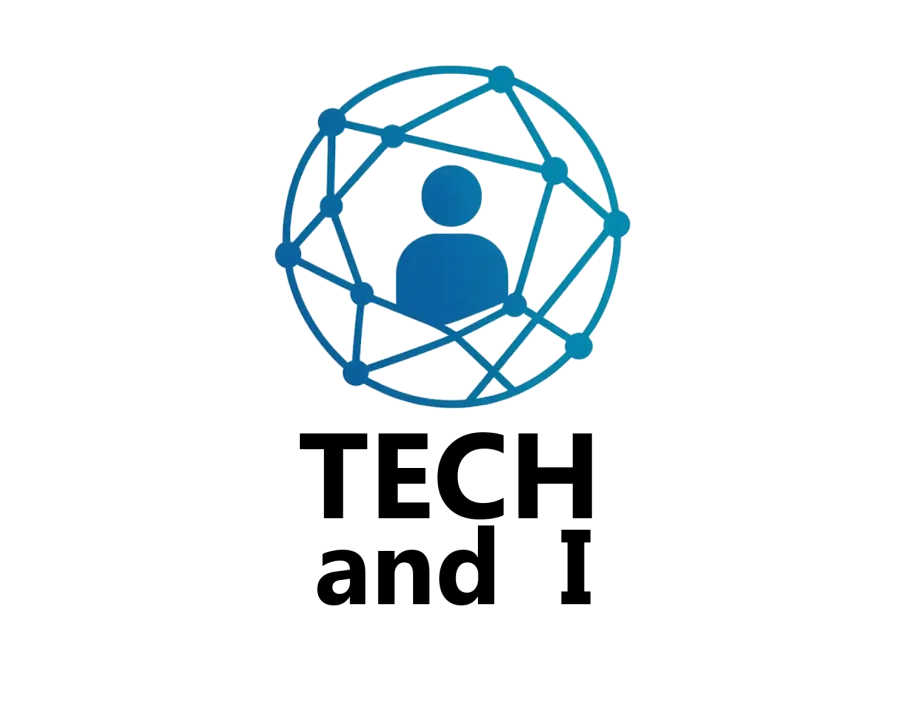 Logo von TECH and I: eine stilisierte Figur in einem blauen Netzwerk-Kreis. Darunter der Schriftzug ‚TECH and I‘. Darunter Navigationsmenü mit den Punkten Startseite, Über uns, Leistungen, Technologie und Kontakt.