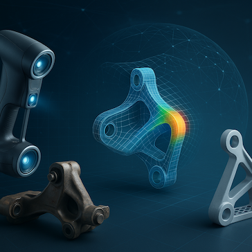 Technologie Überblick Ein 3D-Scanner erfasst ein Bauteil. Daneben sind verschiedene Darstellungen desselben Teils zu sehen: das gescannte Originalteil, ein farbig