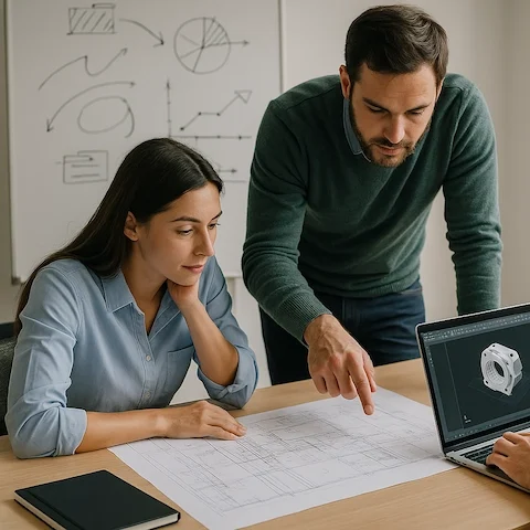 Projekt Beratung Zwei Personen besprechen technische Zeichnungen und betrachten ein CAD-Modell auf einem Laptop, Symbol für Projektplanung und Beratung.